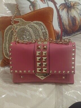MICHAEL Michael Kors Pink Pyramid-Stud Leather Shoulder Bag with Gold Chain